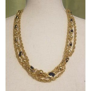 Vintage Triple Strand Necklace Gold Tone Chain Blue and Gold Stations 24"